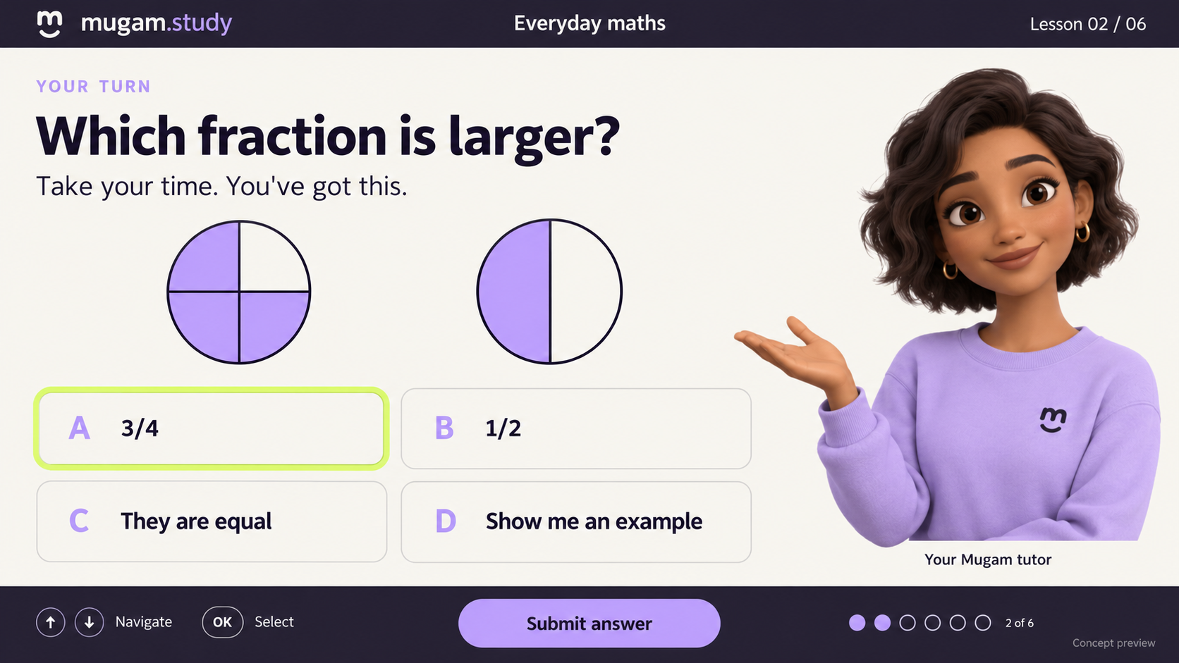 Design concept of Mugam Study on TV: a friendly tutor is layered over an ivory questionnaire. The learner compares three quarters with one half, with a green remote-focus outline around an answer.